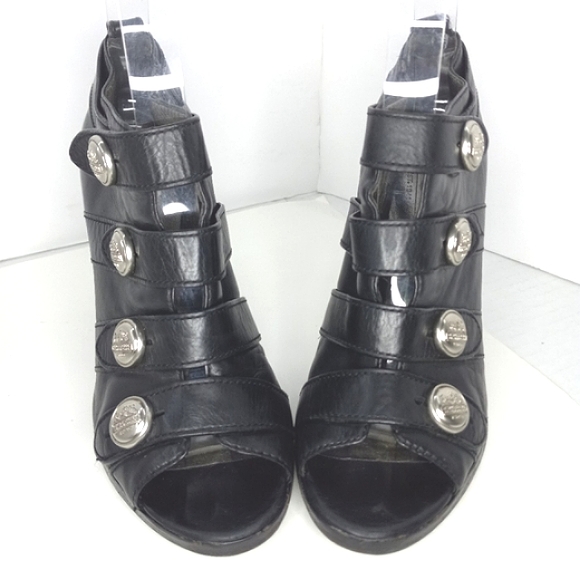 COACH Brandie Black Leather Silver Logo Button PeepToe Booties WornButNotWornOut - Picture 16 of 16